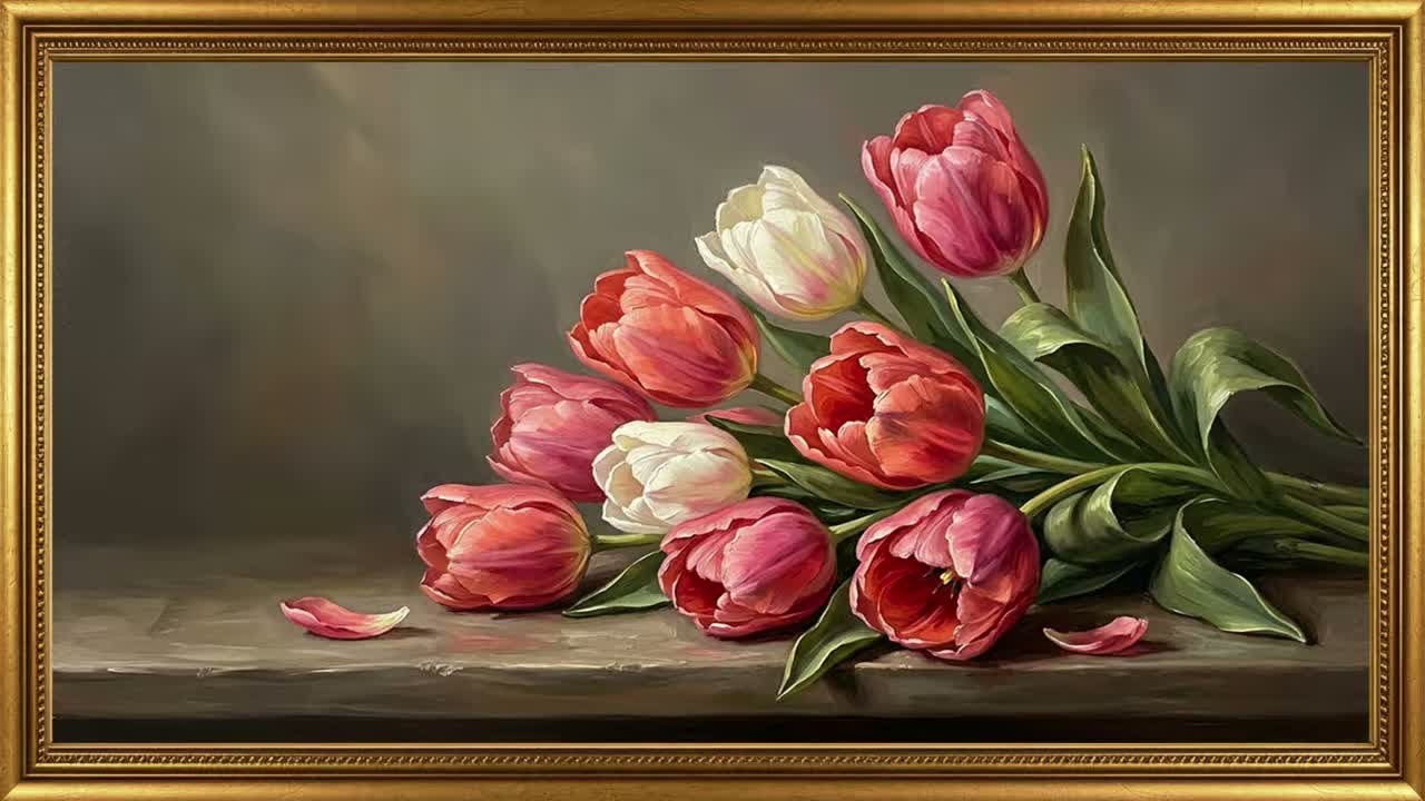 Coral Pink Tulips 🌷 Dreamy Spring Painting | TV Art 4K Screensaver with Music
