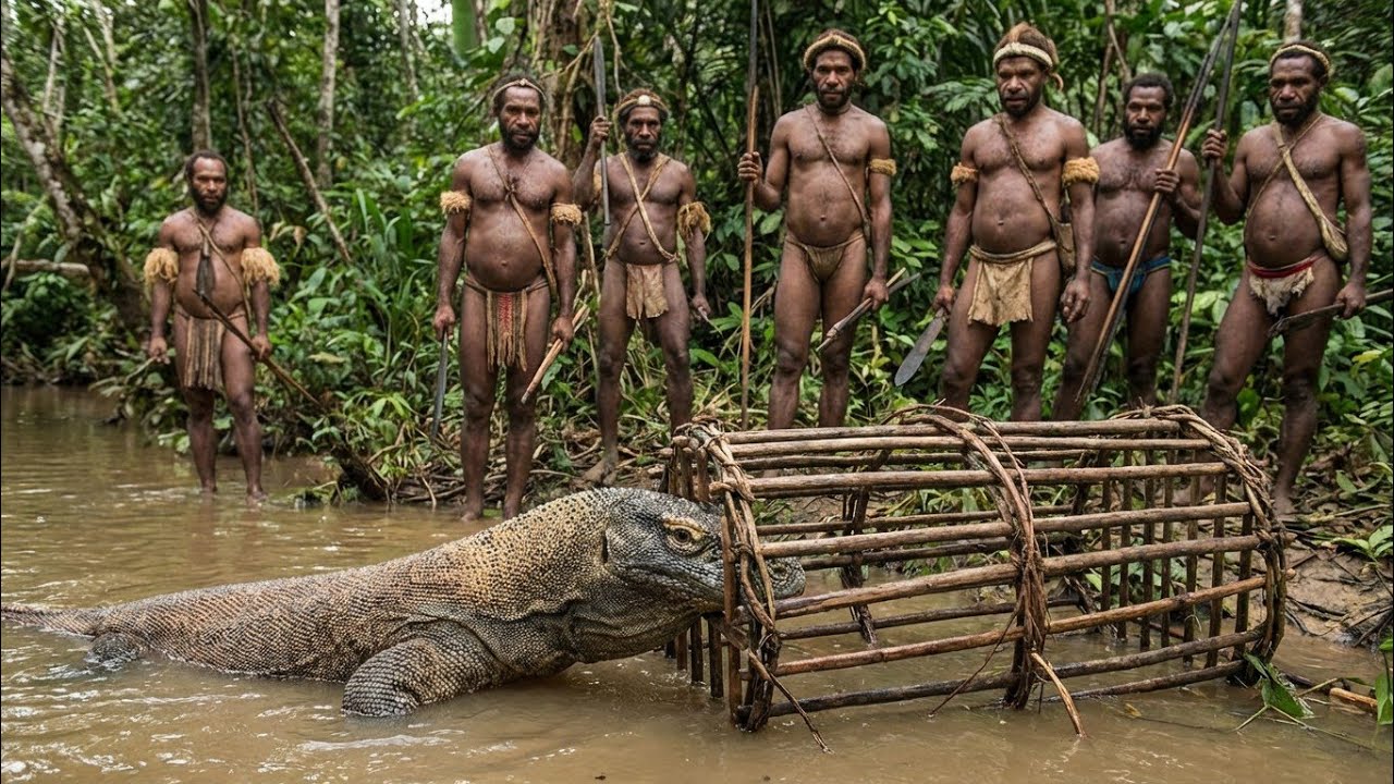 Korowai Family Hunter Team Hunting a Komodo Dragon From Papua Jungle River by making a Trap.
