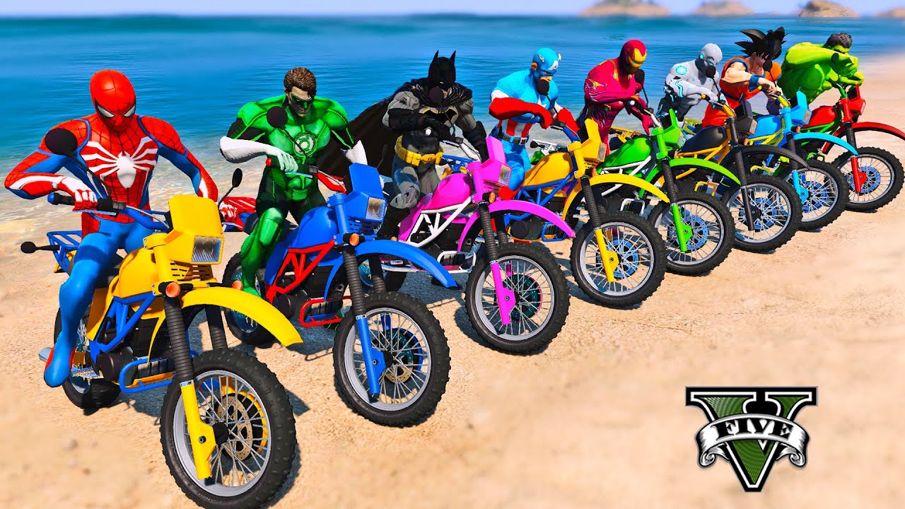 SPIDERMAN vs SUPERHEROES ARMY RACING MOTORCYCLES CHALLENGE on MOUNTAIN MEGA RAMP, CARS RACE - GTA 5