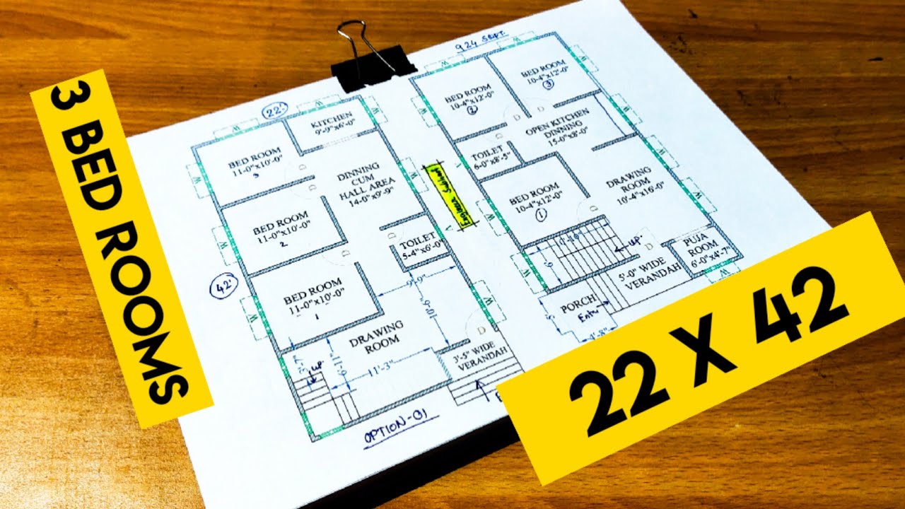 3 bed rooms house design with puja room II 22 x 42 ghar ka naksha II 22 x 42 home design