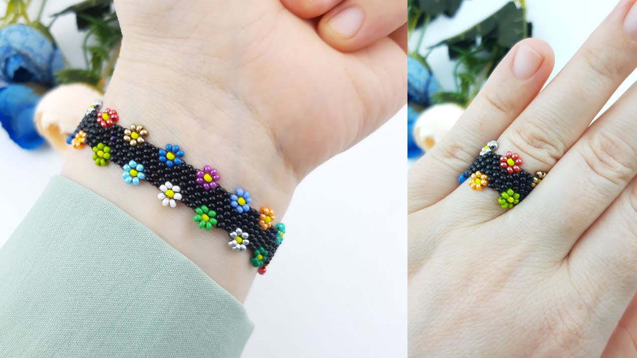 Peyote Tekniği Çiçekli Bileklik Yapımı. Peyote Floral Bracelet Making. Beading Tutorial