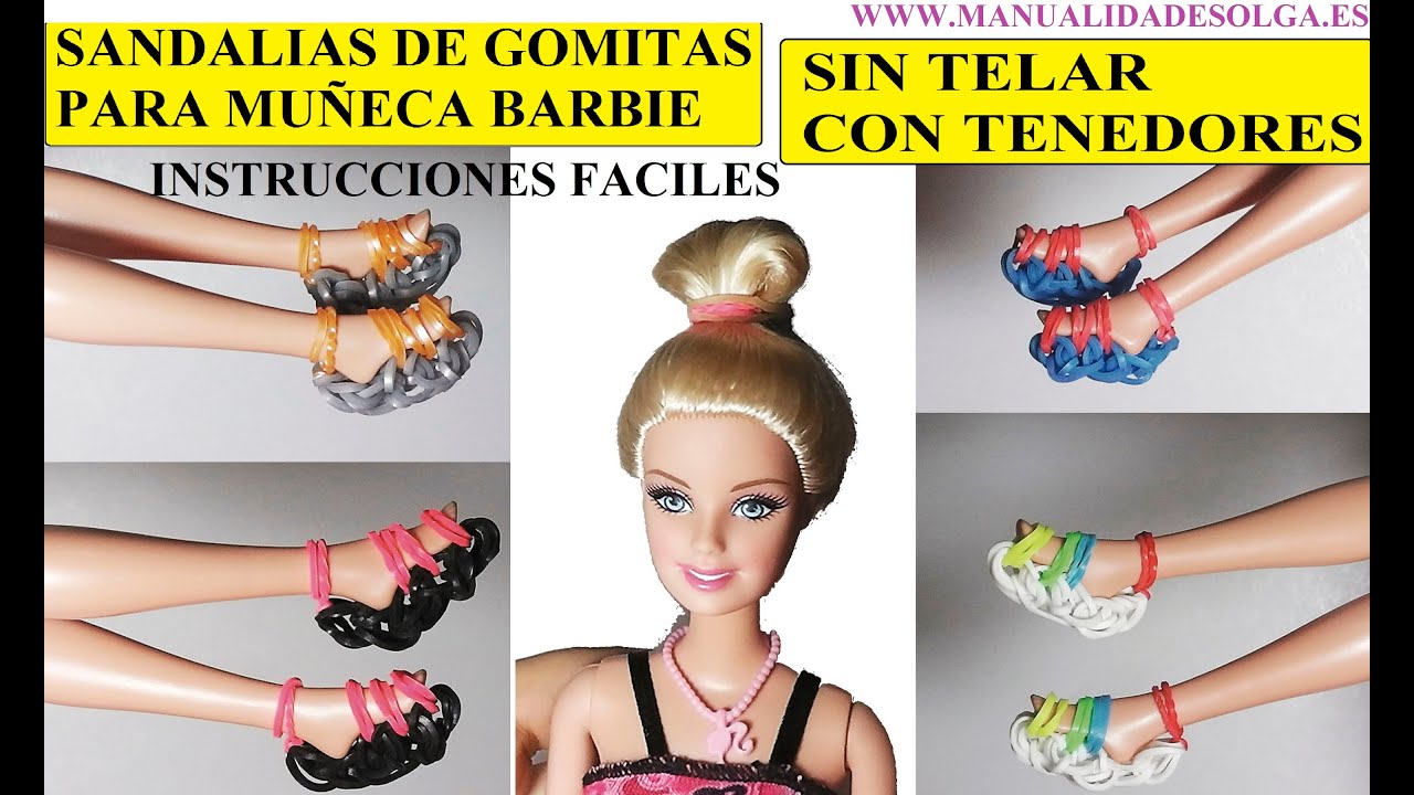 COMO HACER SANDALIAS O ZAPATOS DE GOMITAS PARA MUÑECA BARBIE CON TENEDORES, SIN TELAR ZAPATOS