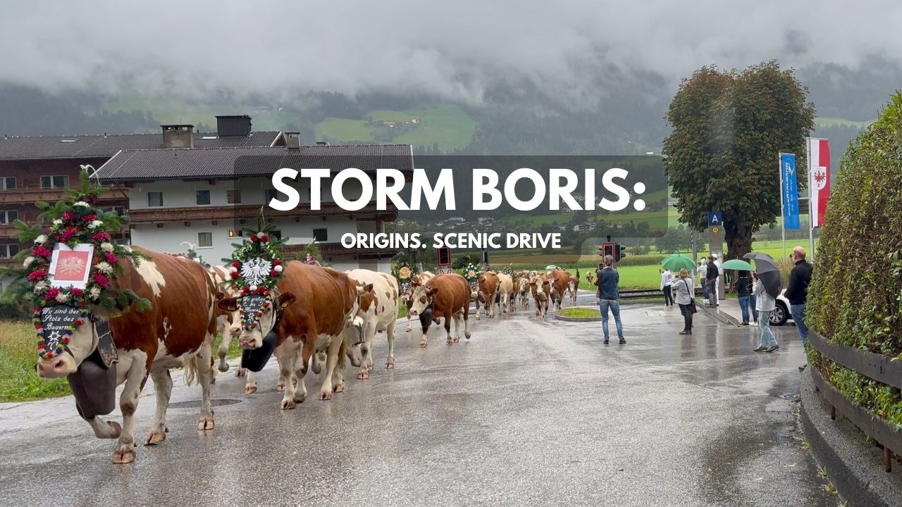 4k HDR Storm Boris: Origins. Cow evacuation in Tirolean Alps. Driving in Zillertal, Alpbachtal.