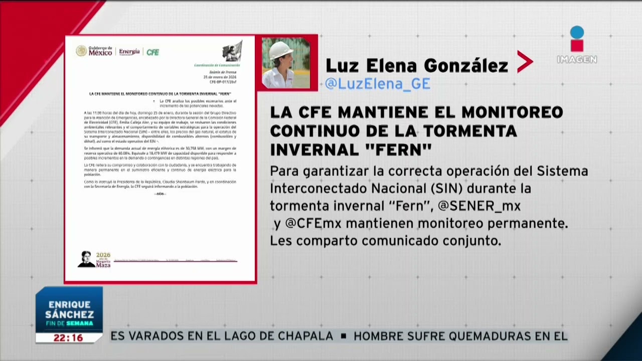 La CFE mantiene el monitoreo continuo de la tormenta invernal "FERN"