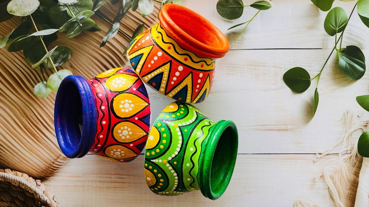 3 Easy Pot Decoration Ideas For Beginners | Traditional Pot Painting | DIY Design Pot Decoration