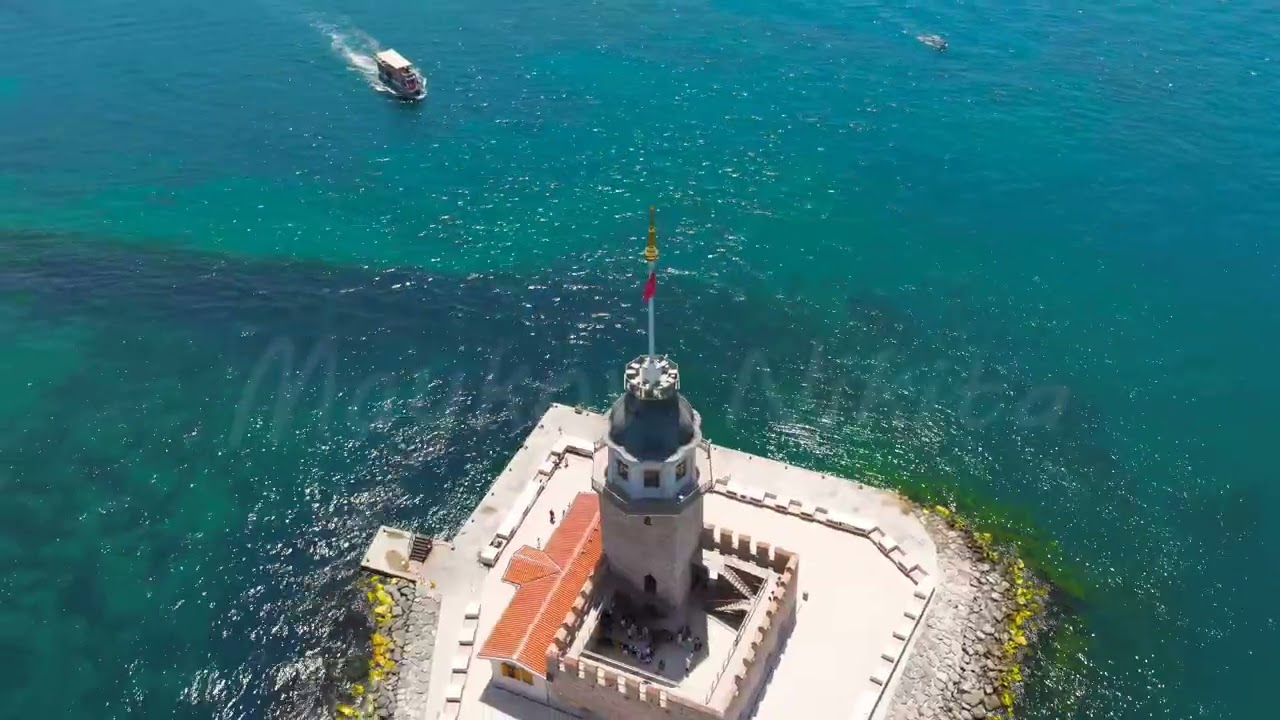 Istanbul, Turkey. Maiden s Tower Kiz Kulesi isolated on small rocky island in Bosphorus Strait ae...