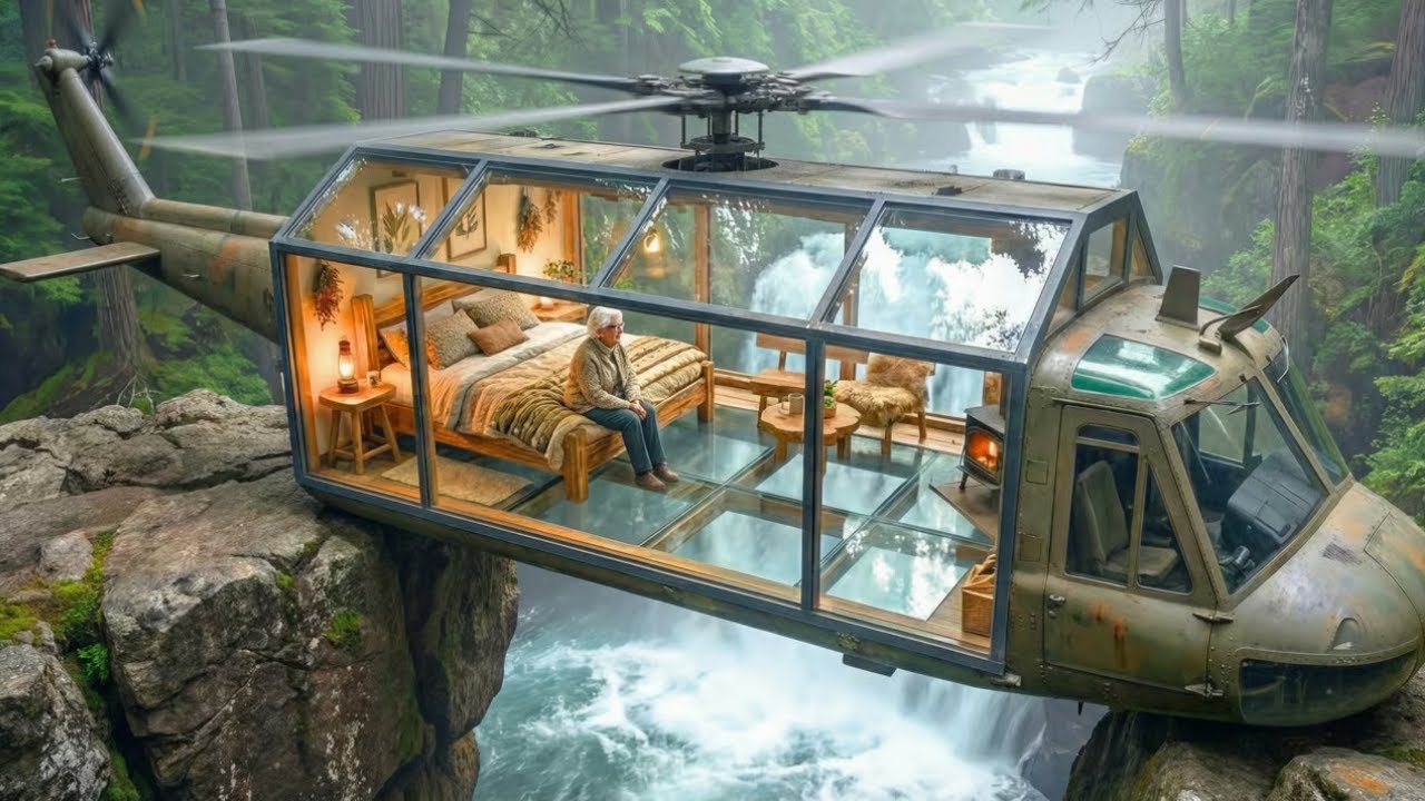 An Elderly Woman Builds a Luxury Room Inside a Helicopter Hanging Over a Waterfall (ASMR)