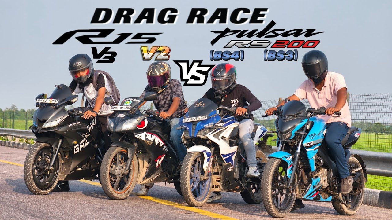 NS200 bs3 vs RS200 bs4 vs R15V2s vs R15V3s 🔥||Drag Race 💥||Quad battle ☠️||Round 1. ||