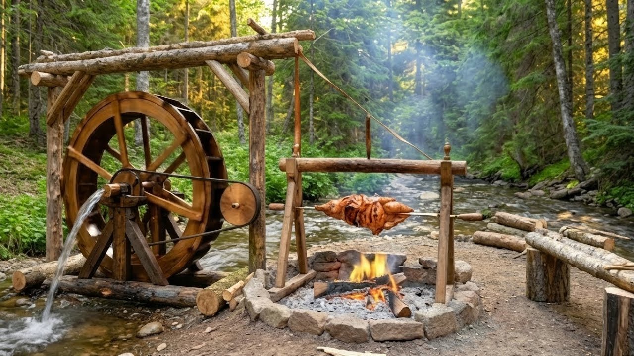 Waterwheel Rotisserie Meat Roast | Primitive Outdoor Cooking | ASMR cook!