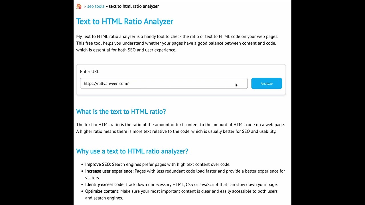 Text to HTML Ratio Analyzer - Free SEO tool