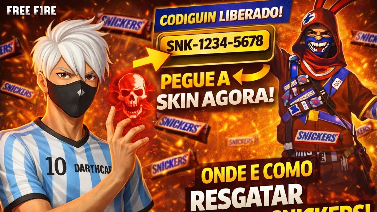 SKIN LIBERADA! ONDE E COMO PEGAR O CODIGUIN SNICKERS x FREE FIRE?! 😳😱 #freefire #garenafreefire #ff
