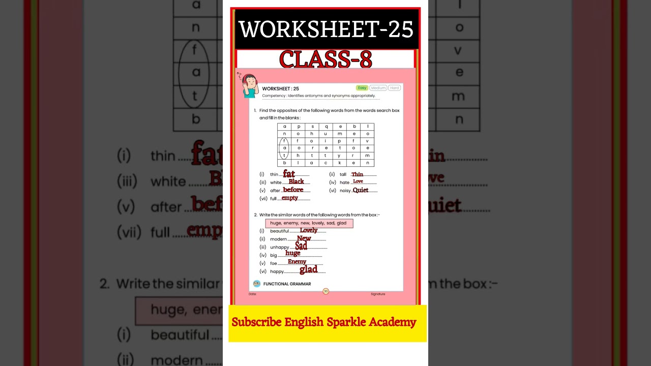 Worksheet-25 Class-8 2025-26 Lastest ll English Sparkle Academy ll Complete Solution by Ashok sir