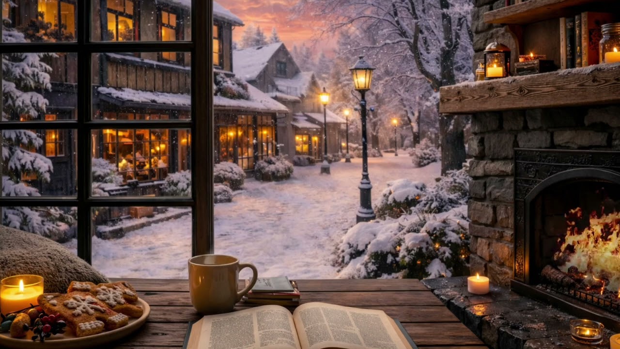 Cozy Winter Village Evening ❄️ 🎶 Fireplace, Snowfall & Soft Jazz Ambience for Relax, Study & Sleep