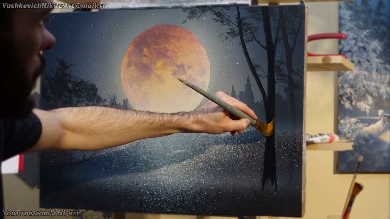 Acrylic Landscape Painting - Full Moon / Easy Art / Drawing Lessons / music