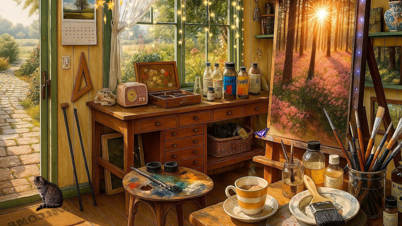 Cozy Grandma's Art Studio 🎨 ASMR | Summer Morning Ambience with Nature Sounds, Sketching & Cat