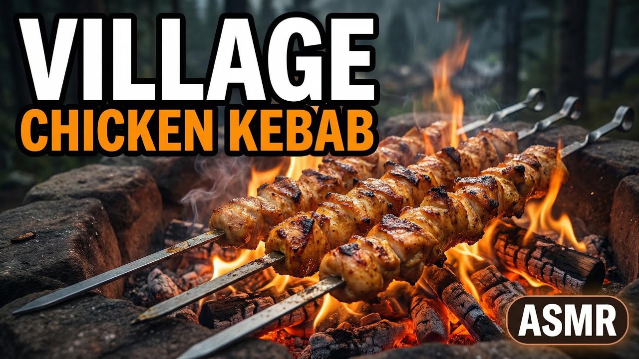 Silent Village Cooking: Chicken Kebab on Real Campfire (No Talking)