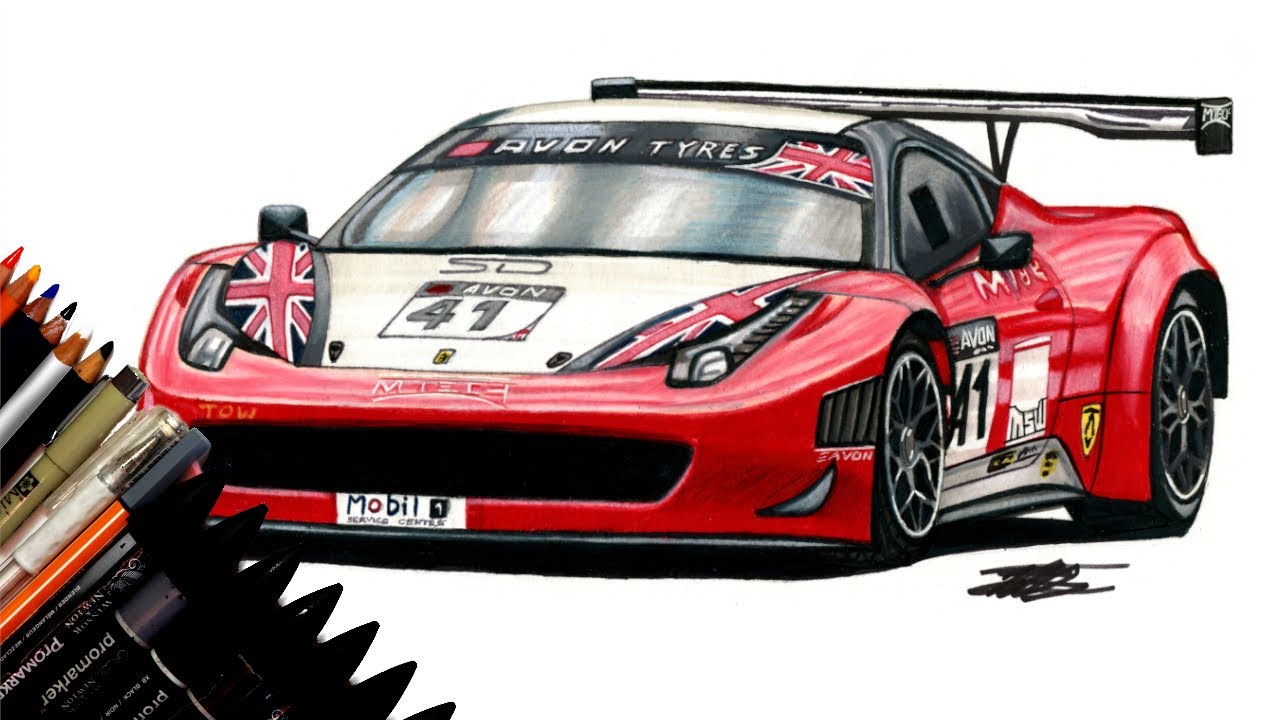Realistic Car Drawing - Ferrari 458 Italia GT3 British GT Championship Race Car - Time Lapse