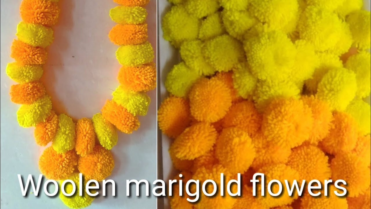 Marigold garland || super easy Woolen flower || making marigold wool flower mala..