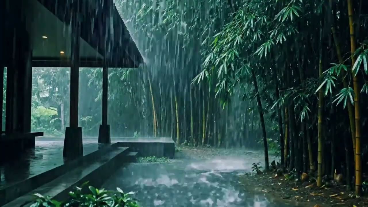 ASMR Peaceful Heavy Rain Falling on the Home Terrace Surrounded by Green Bamboo the Sheltered 120