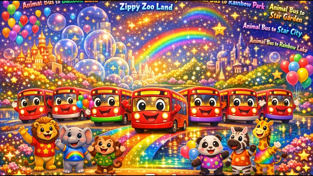 Animal Bus Magical Adventures | Balloon , Bubble City, Rainbow Park City | Learning Songs for Kids