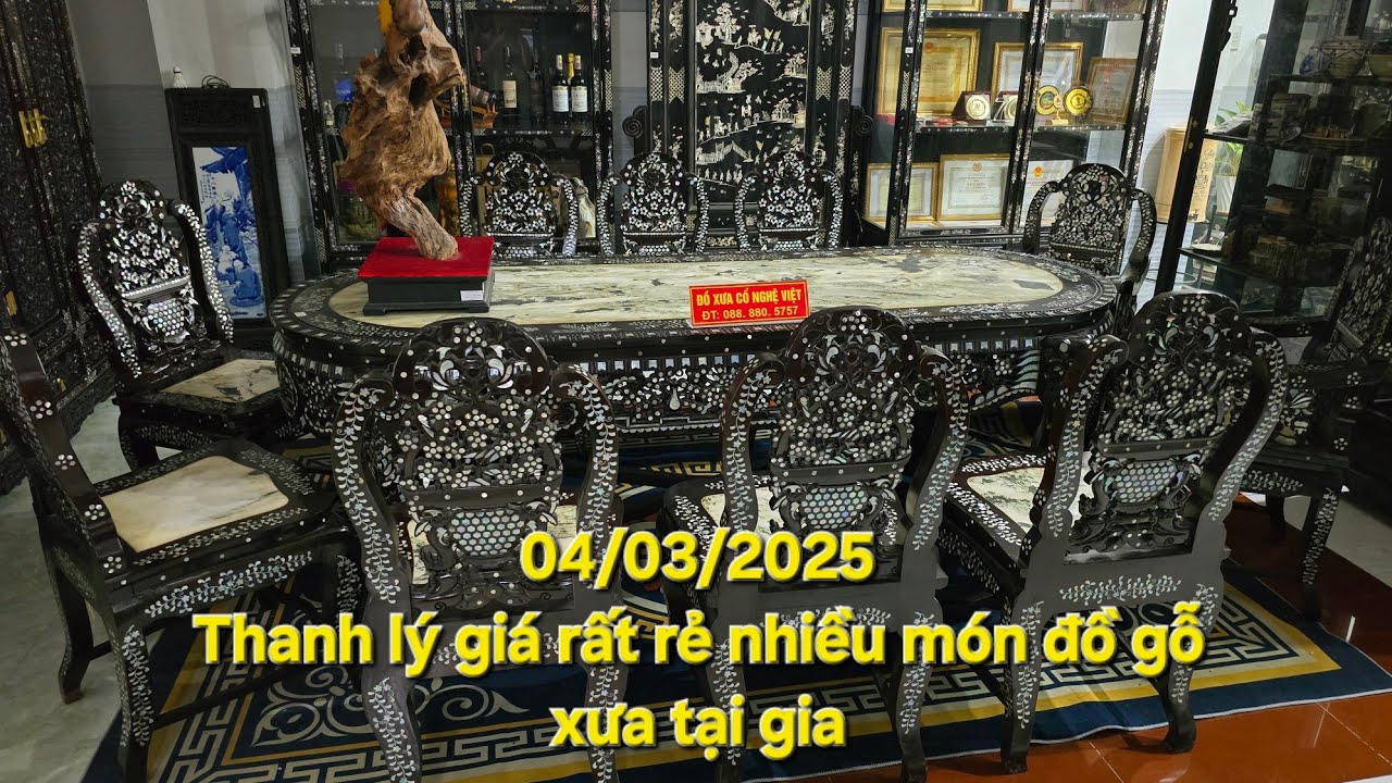 Review bộ bàn ăn 10 ghế xưa, tủ rượu và một số món đồ gỗ xưa cũ, đồ xưa mekong