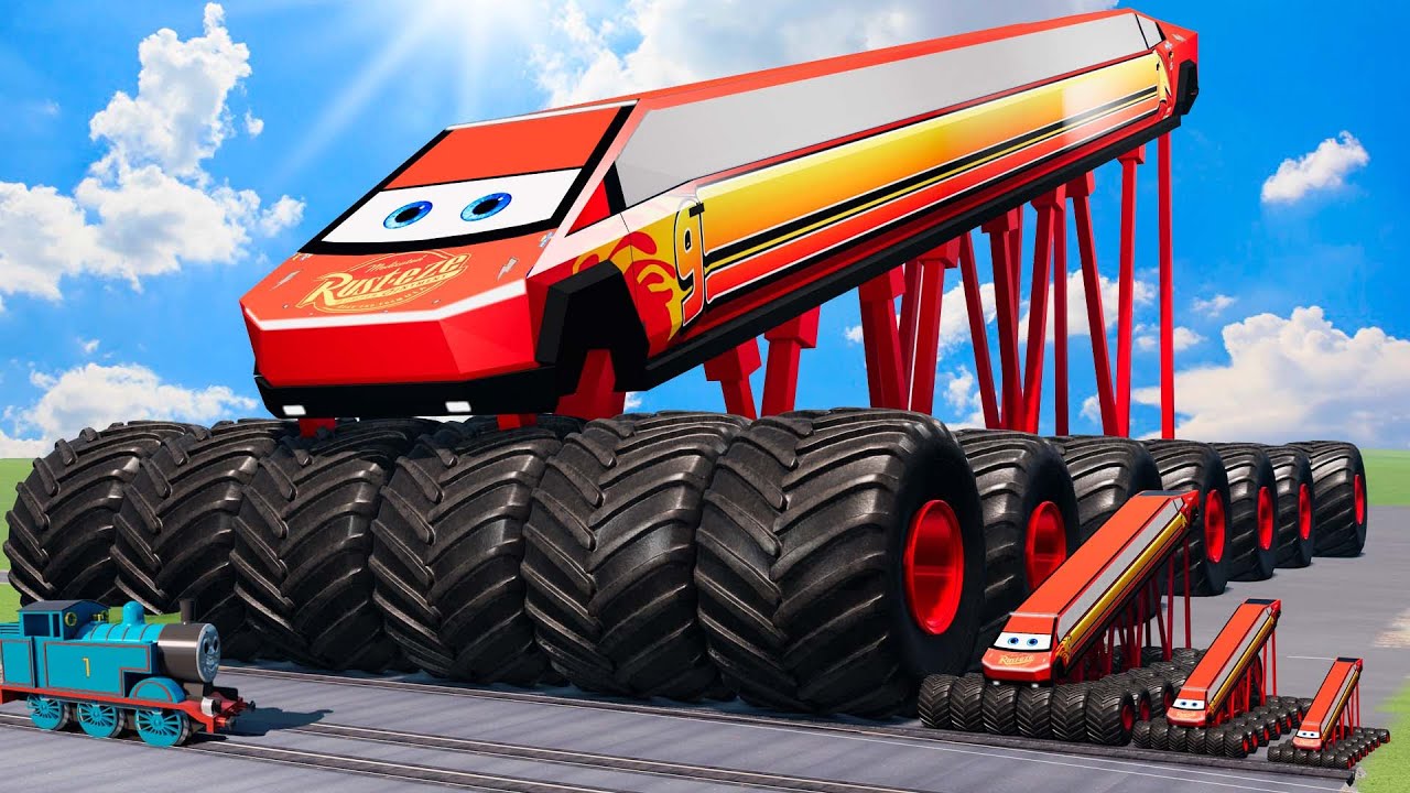 Big & Small, Long & Tall Mcqueen Tesla Cybertruck with Monster Truck Wheels vs Trains | BeamNG.Drive