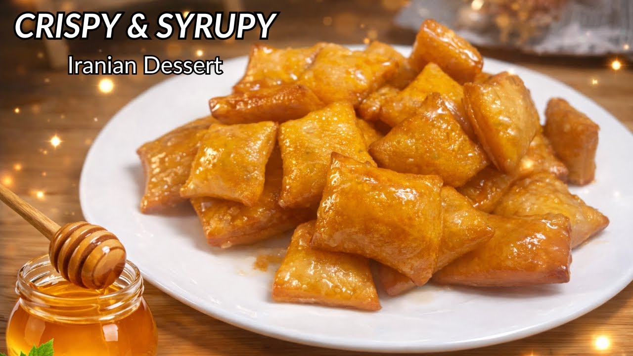 Crispy Persian Fried Pastry in Sugar Syrup | Easy Iranian Dessert (Goosh-e Fil)