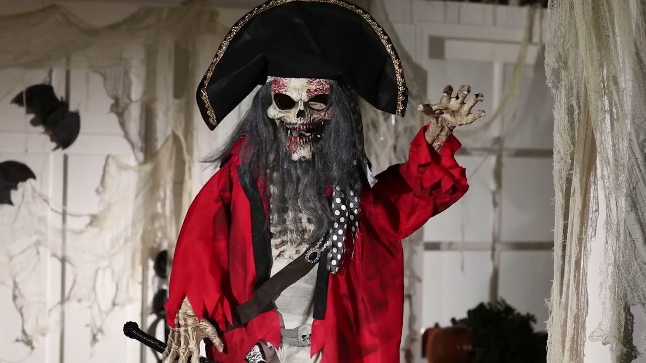 Life Size 6 Ft. Standing Animated Plastic Skeleton Pirate Halloween Prop Decoration