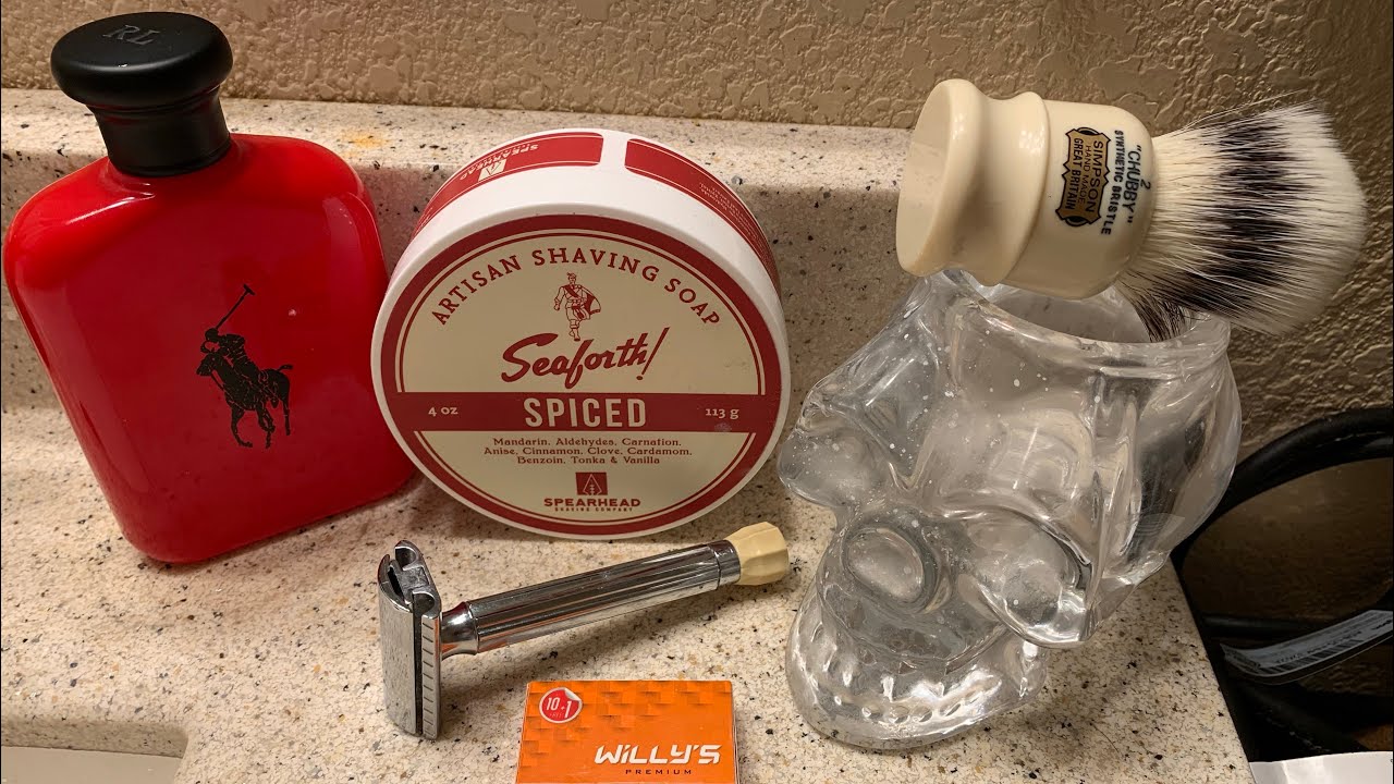 Seaforth Spiced Soap, Merkur Progress, Simpson Chubby 2, Willys Blades & Polo Red.