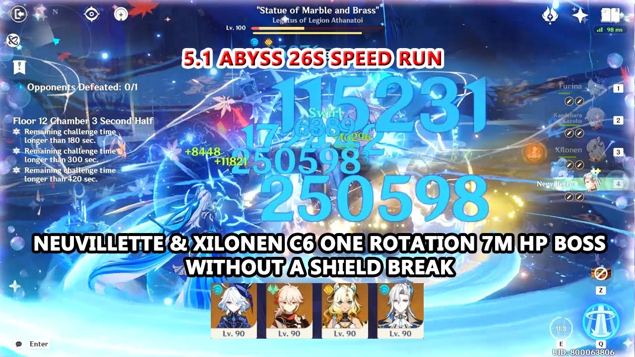 Neuvillette & Xilonen C6 One Rotation 7M HP 5.1 Abyss Boss Without a Shield Break | 26s Speed Run