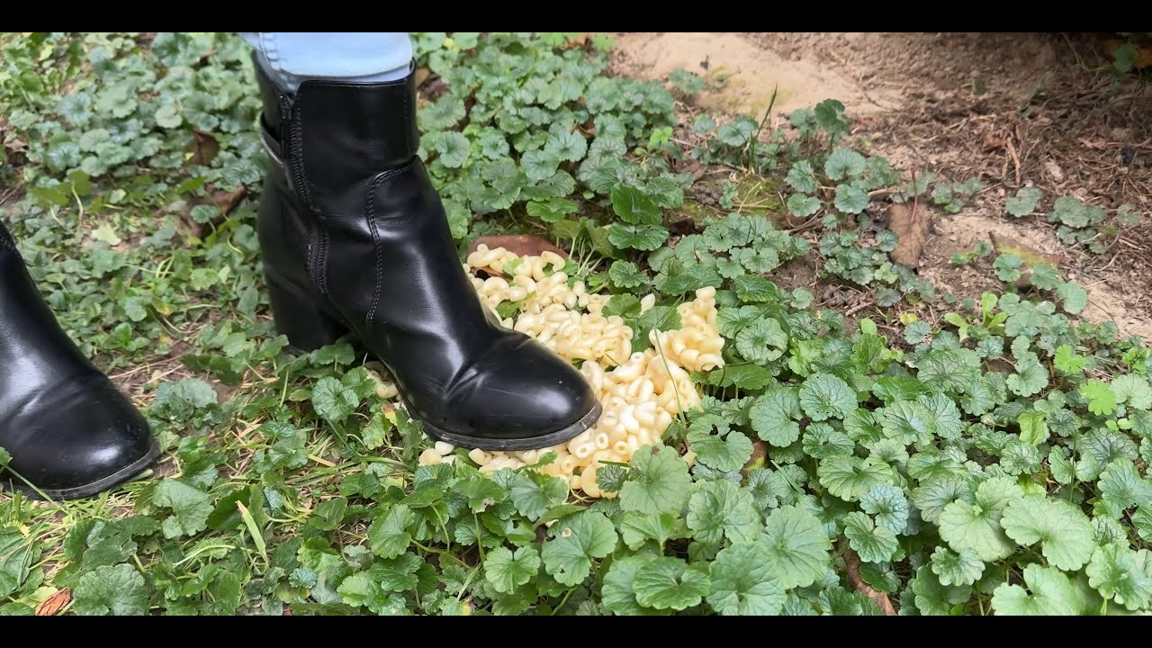 Boots crush food - ASMR crushing and trampling cooked pasta in black ankle boots
