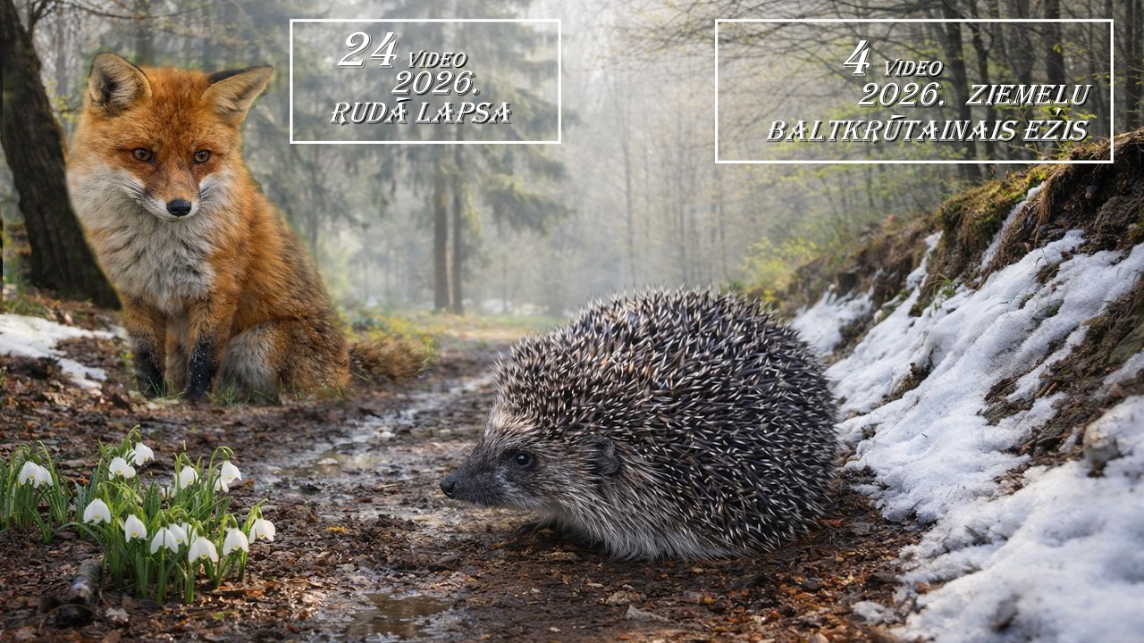 4. ZIEMEĻU BALTKRŪTAINAIS EZIS /Erinaceus roumanicus/. 24. RUDĀ LAPSA / Vulpes vulpes /.