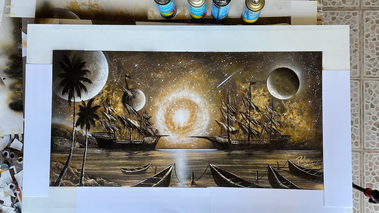 Two Pirate ships spray paint art
