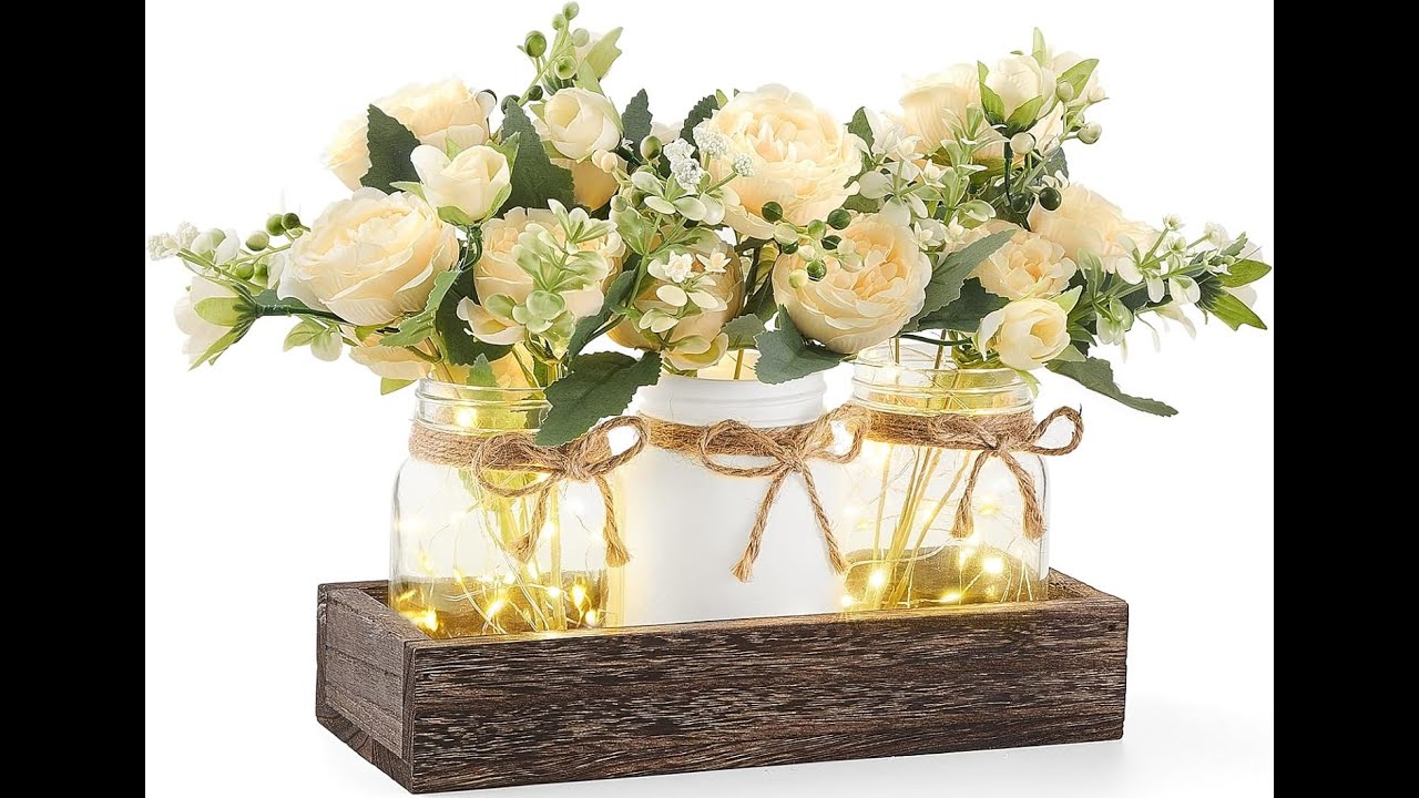 Mkono Mason Jar Lights Centerpiece Table Decorations for Farmhouse Coffee Table
