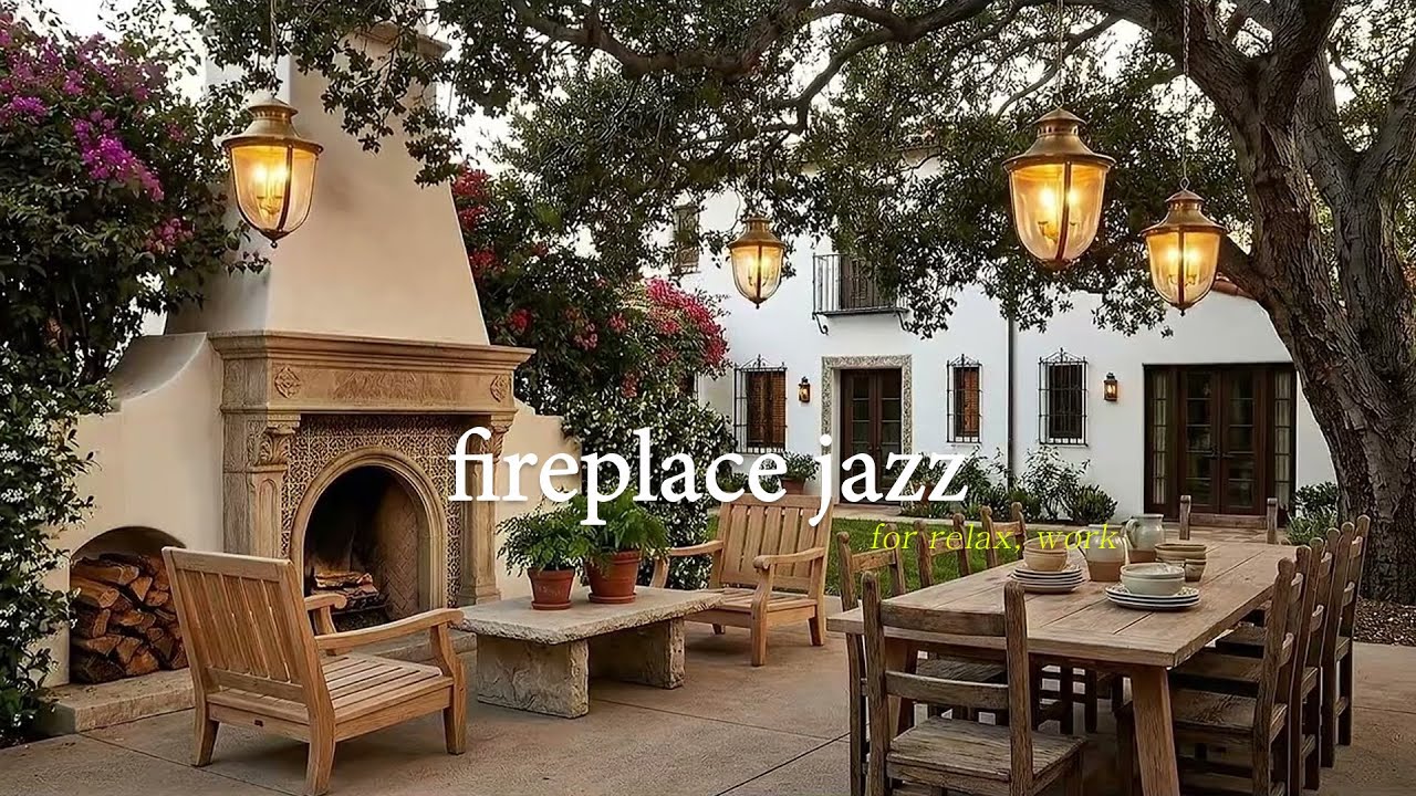 Cozy Garden Fireplace Jazz ☕ Warm Evening Ambience for Relax, Study & Stress Relief.
