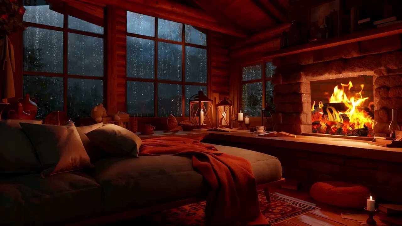 Cozy Fireplace and Rain Sounds for Deep Sleep | Relaxing Rain Ambience Night