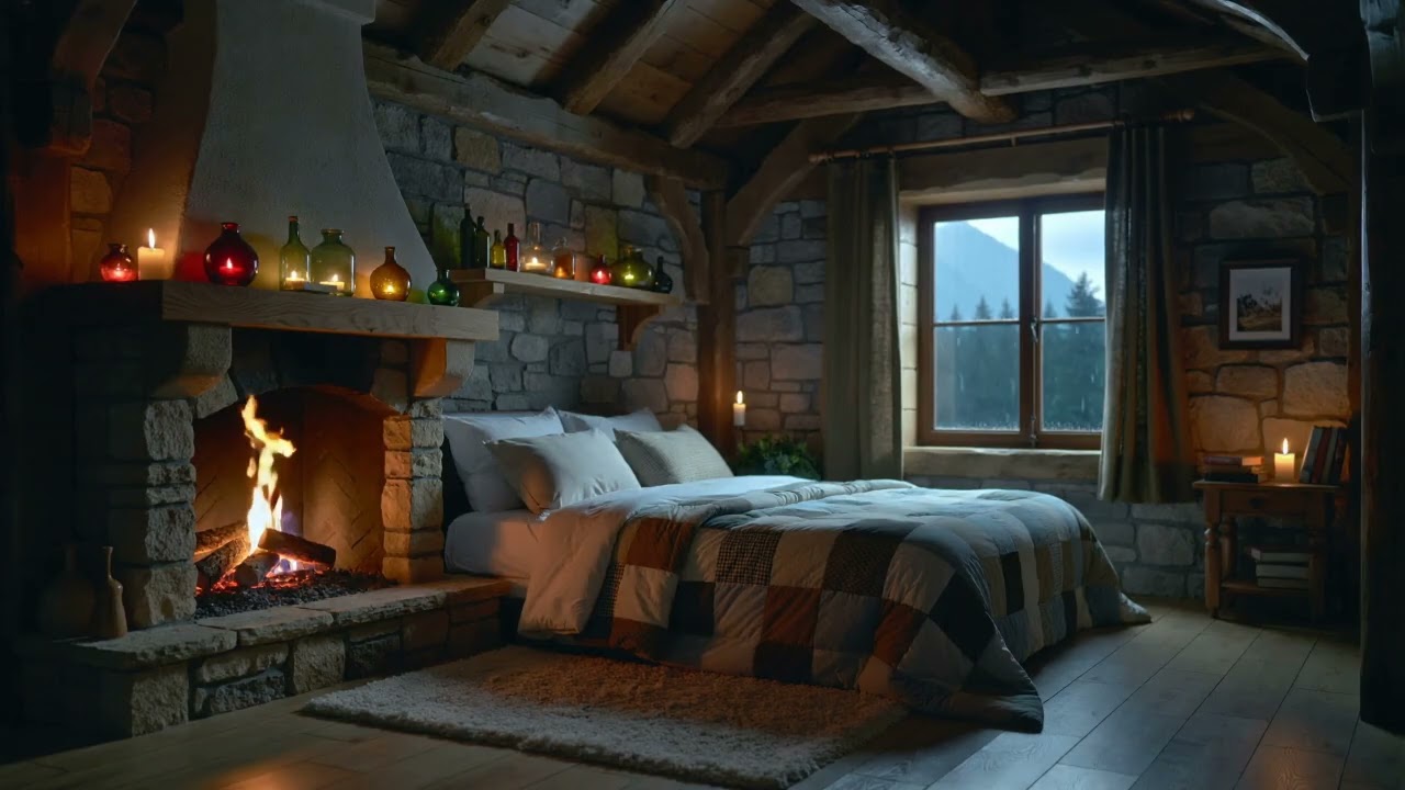 ASMR cozy castle in the rain with open fire
