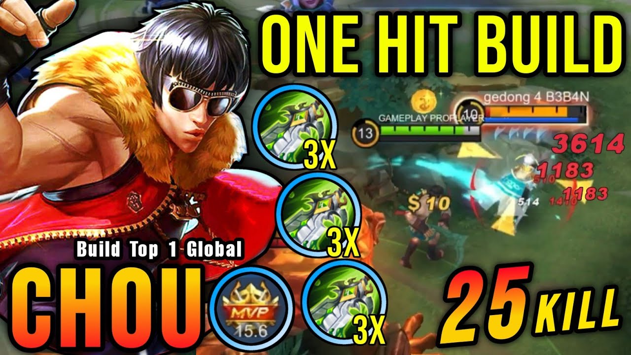 25 Kills!! Best Chou One Hit Build & Emblem (100% IMMORTAL) - Build Top 1 Global Chou ~ MLBB