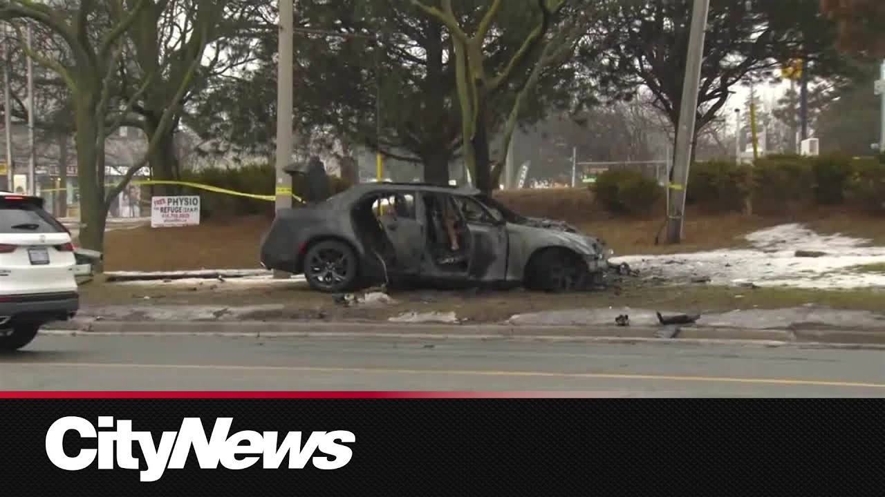 Two arrested after vehicle crashes into pole before catching fire