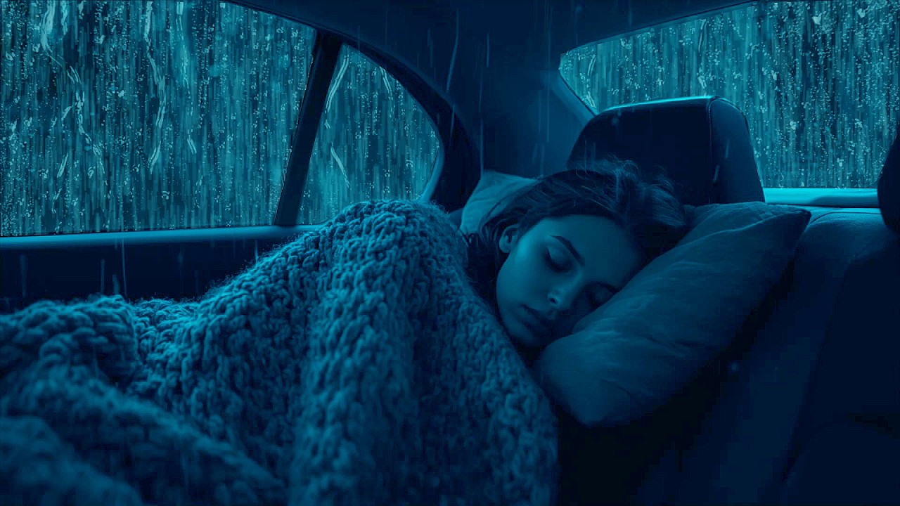 Get Over Insomnia with Heavy Rain & Robust Thunder Sounds on a Cozy Car in Dark Rainforest at Night