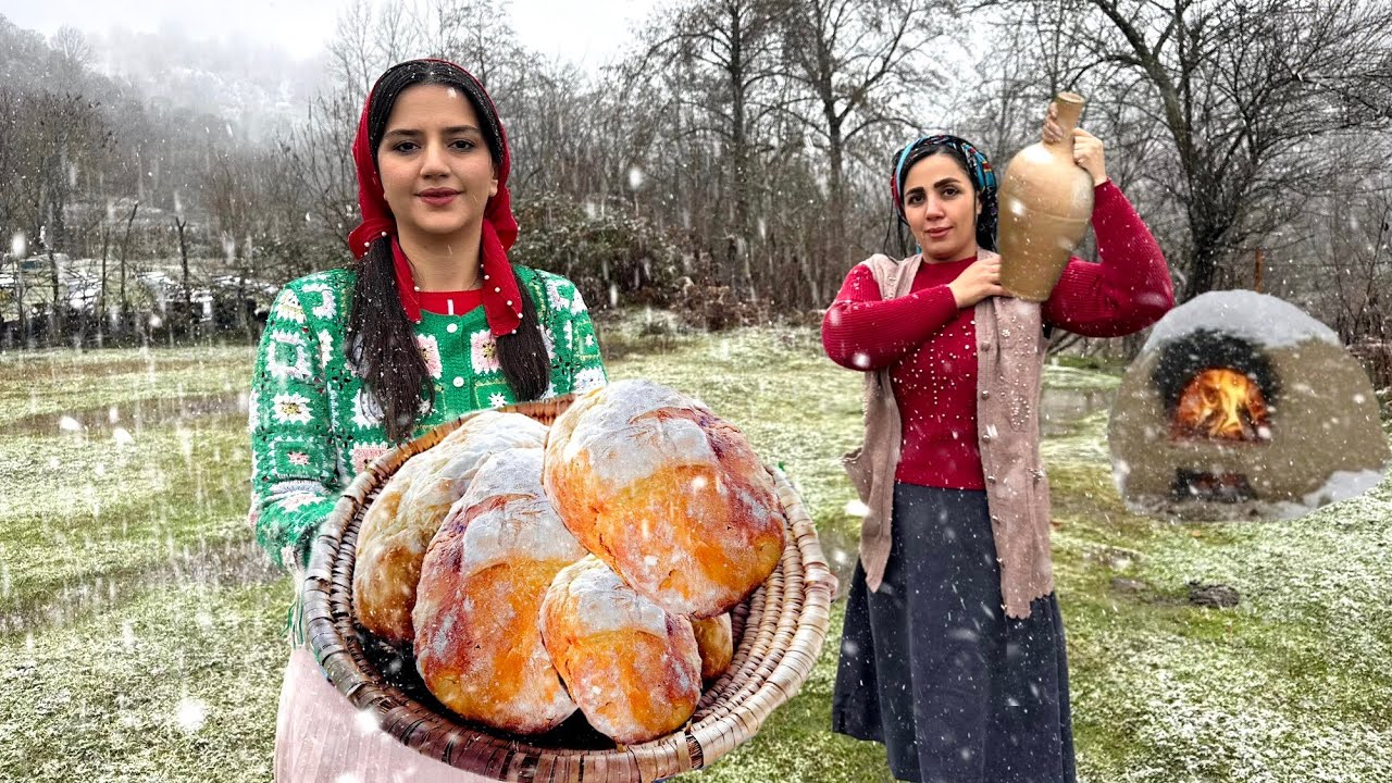 Baking Italian bread in the snowy weather of the village