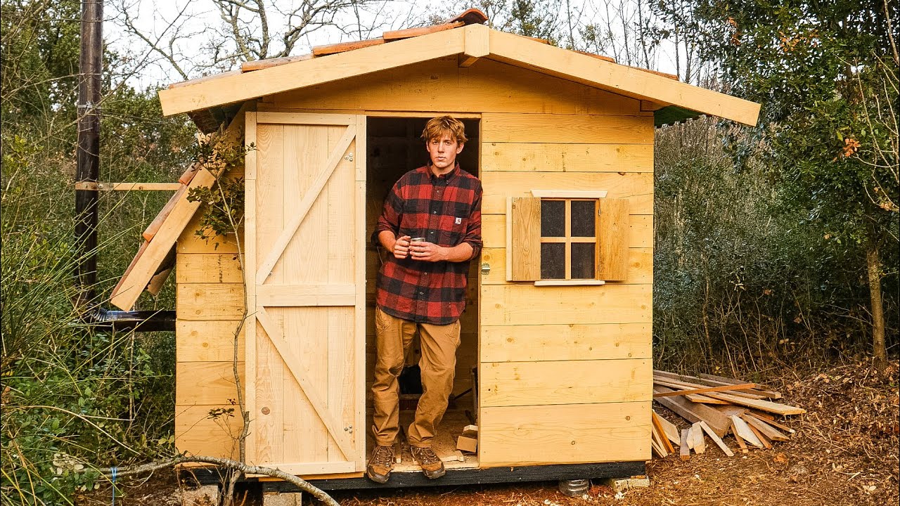 Building a Simple Cabin On My LOG CABIN Build Site | Off Grid | Stove, Roofing, Door, Window | EP 10