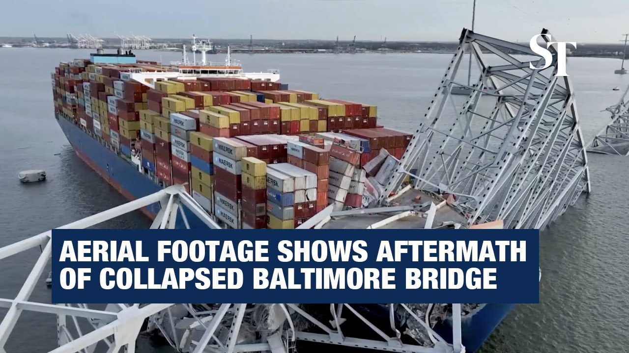 Aerial footage shows aftermath of collapsed Francis Scott Key Bridge in Baltimore