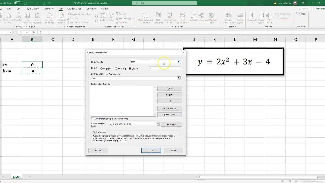 Microsoft Excel Çözücü Solver Kullanarak Denklem Çözümü İki Bilinmeyenli Denklem Kökleri Bulma