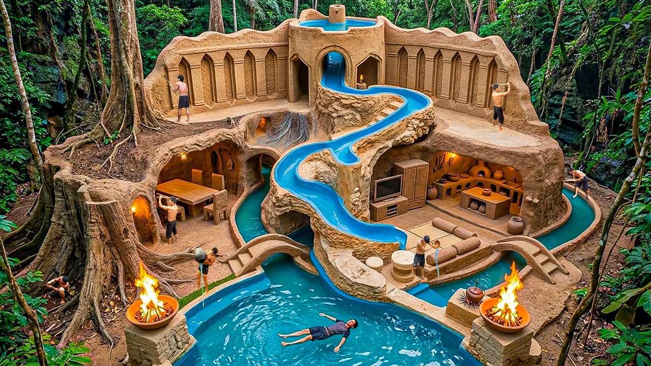 180 Days Building Underground Clay House with Carved Furniture & Curved Slides Using Primitive Tools