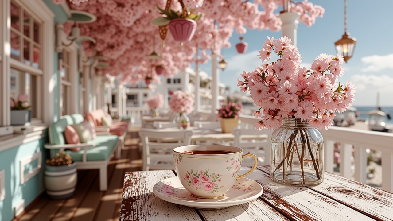 Позитивные утренние мелодии босса-новы, которыми можно насладиться на террасе кафе с цветущей вишней