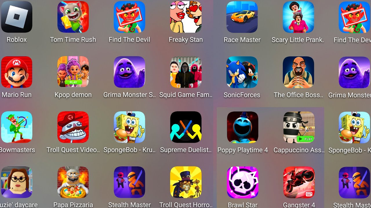 Roblox,Squid Game Family,Kpop Demon Hunters Prison,Poppy Playtime 4,Grimace Monster,Stumble Guys....