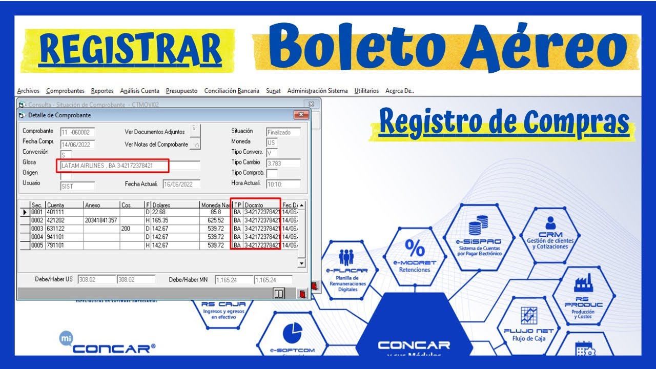 Registro Contable de boleto o pasaje aéreo en el Concar