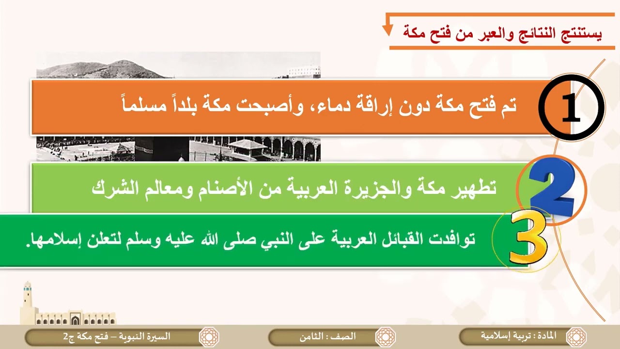 درس فتح مكة 8هـ  ج2 لمادة التربية الاسلامية الصف الثامن الفصل الثاني
