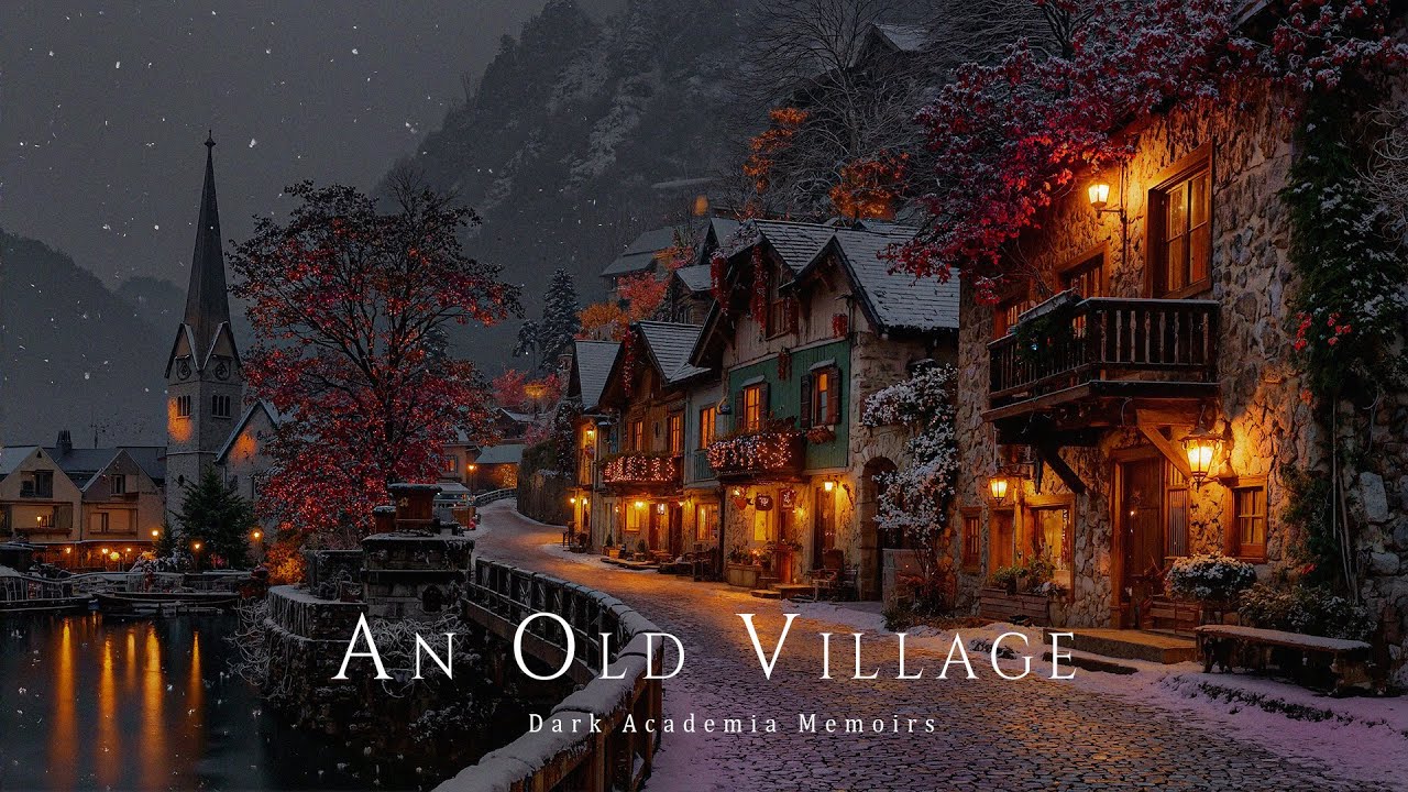 An Old Village by the River Holding Warmth as the Last Snow Winter Settles Over Roofs |Dark Academia